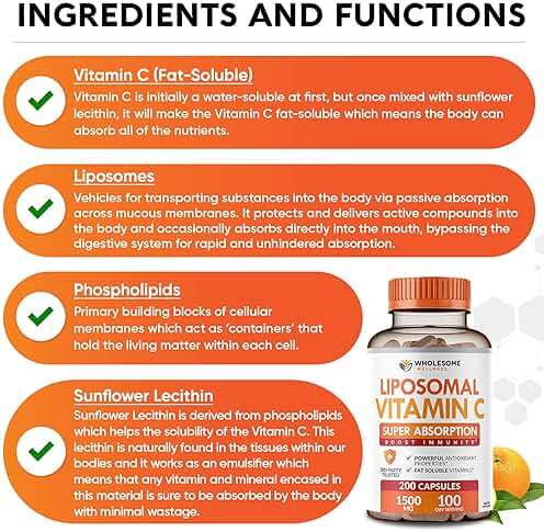 Wholesome Wellness Liposomal Vitamin C Capsules (200 Pills 1500mg Buffered) High Absorption, Immune System & Collagen Booster, High Dose Fat Soluble Immunity Support Ascorbic Acid, Natural Vegan - Image 4