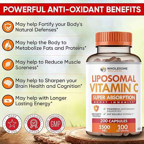 Wholesome Wellness Liposomal Vitamin C Capsules (200 Pills 1500mg Buffered) High Absorption, Immune System & Collagen Booster, High Dose Fat Soluble Immunity Support Ascorbic Acid, Natural Vegan - Image 6