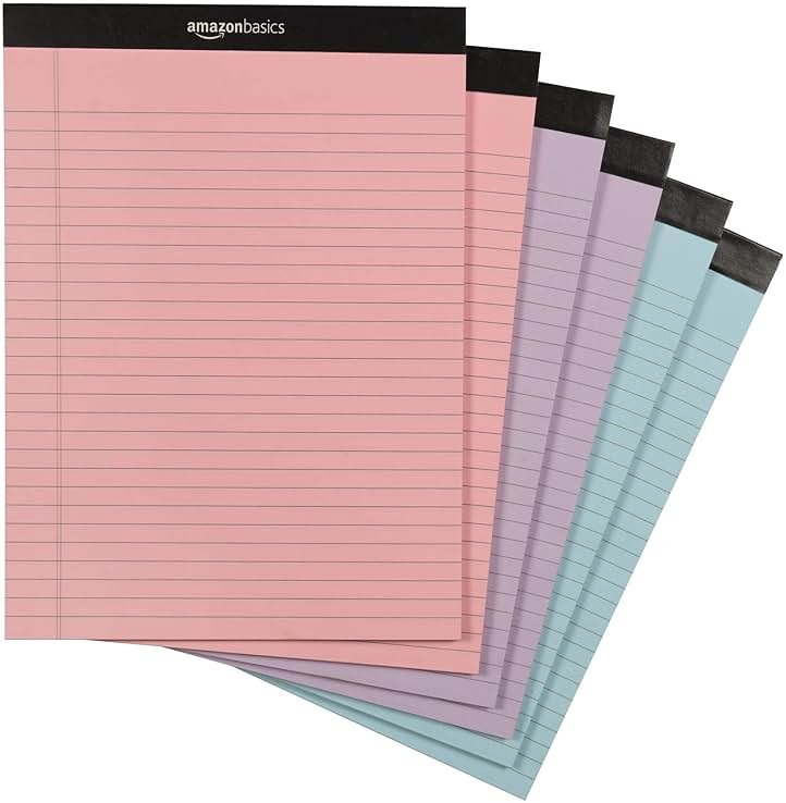 Amazon Basics Wide Ruled 8.5 x 11.75-Inch 50 Sheet Perforated Lined Writing Note Pads, Pack of 6, 300 Count, Multicolor - Product Image