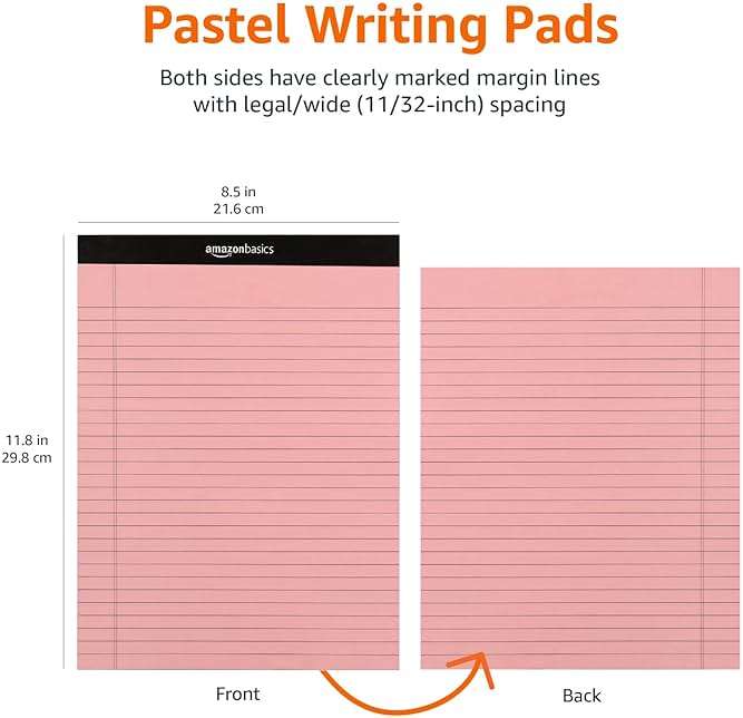 Amazon Basics Wide Ruled 8.5 x 11.75-Inch 50 Sheet Perforated Lined Writing Note Pads, Pack of 6, 300 Count, Multicolor - Image 3