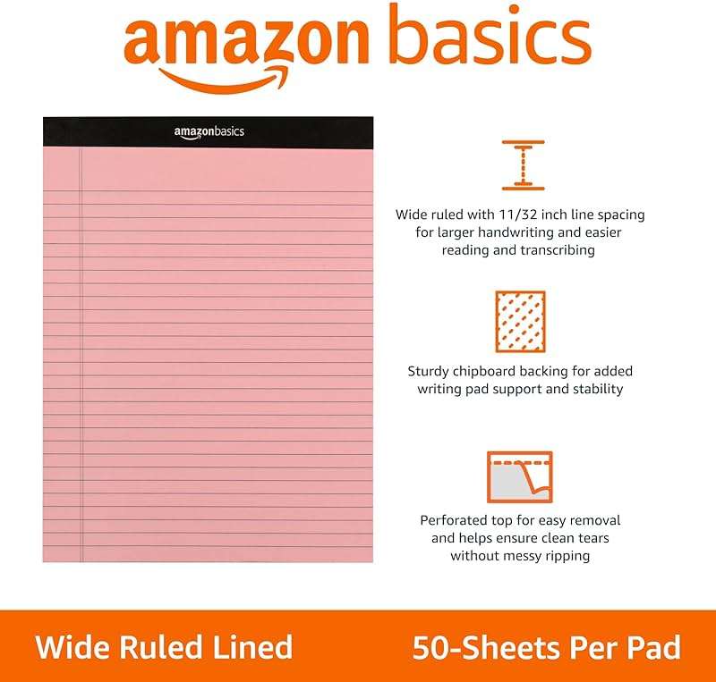 Amazon Basics Wide Ruled 8.5 x 11.75-Inch 50 Sheet Perforated Lined Writing Note Pads, Pack of 6, 300 Count, Multicolor - Image 4