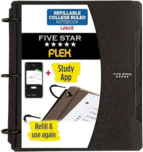 Five Star Flex Refillable Notebook + Study App, College Ruled Paper and 1 Inch TechLock Ring Binder with Pockets, Tabs and Dividers, 200 Sheet Capacity, Black (29328AA2) - Image 1