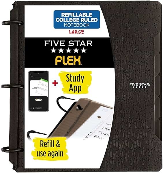 Five Star Flex Refillable Notebook + Study App, College Ruled Paper and 1 Inch TechLock Ring Binder with Pockets, Tabs and Dividers, 200 Sheet Capacity, Black (29328AA2) - Product Image