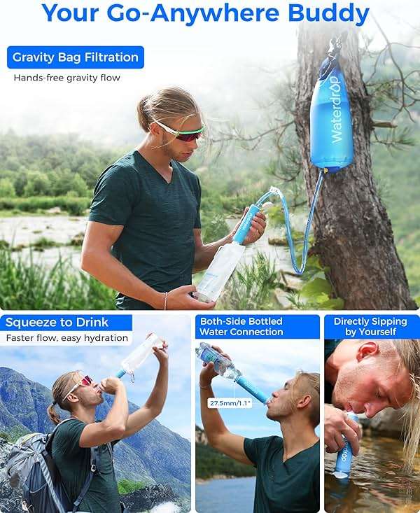 Waterdrop Gravity Water Filter Straw, Camping Water Filtration System, Water Purifier Survival for Travel, Backpacking and Emergency Preparedness, 1.5 gal Bag, 5 Stage Filtration, Pack of 1 - Image 4