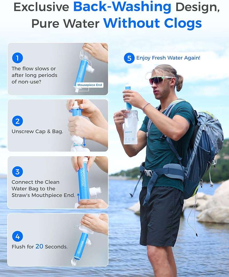Waterdrop Gravity Water Filter Straw, Camping Water Filtration System, Water Purifier Survival for Travel, Backpacking and Emergency Preparedness, 1.5 gal Bag, 5 Stage Filtration, Pack of 1 - Image 9
