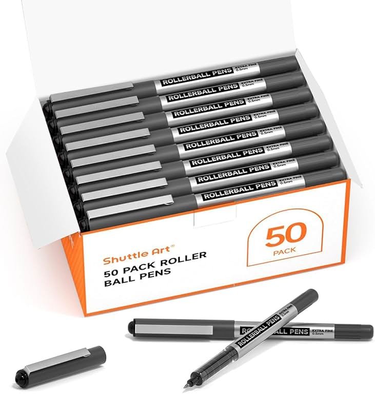 Shuttle Art RollerBall Pens, 50 Pack Black Fine Point Roller Ball Pens, 0.5mm Liquid Ink Pens for Writing Journaling Taking Notes School Office - Product Image