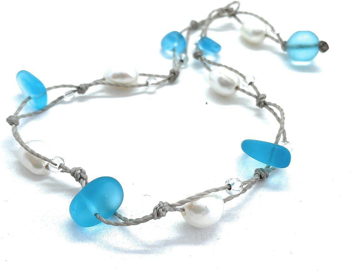 Beach Soul Freshwater Pearl and Turquoise Blue Sea Glass Wrap Bracelet or Anklet, Waterproof and Metal Free, Resort and Island Jewelry, Handmade in the Caribbean - Product Image