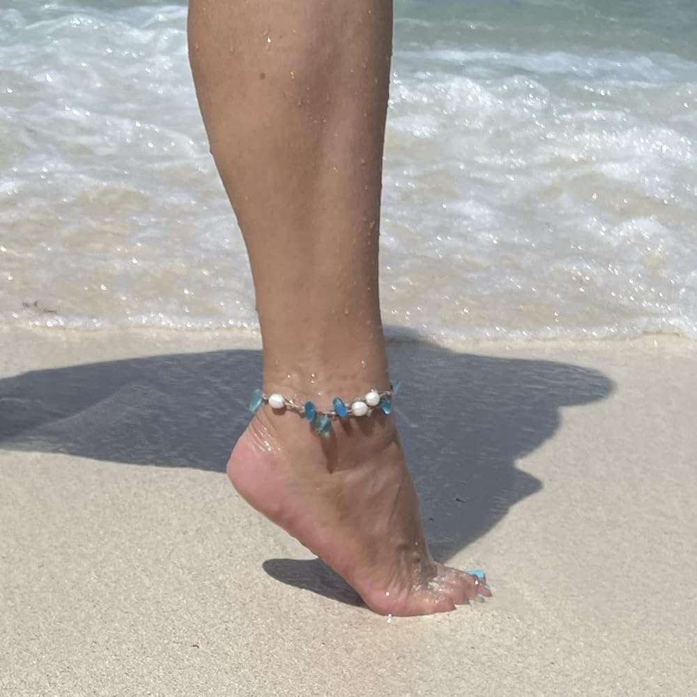 Beach Soul Freshwater Pearl and Turquoise Blue Sea Glass Wrap Bracelet or Anklet, Waterproof and Metal Free, Resort and Island Jewelry, Handmade in the Caribbean - Image 2