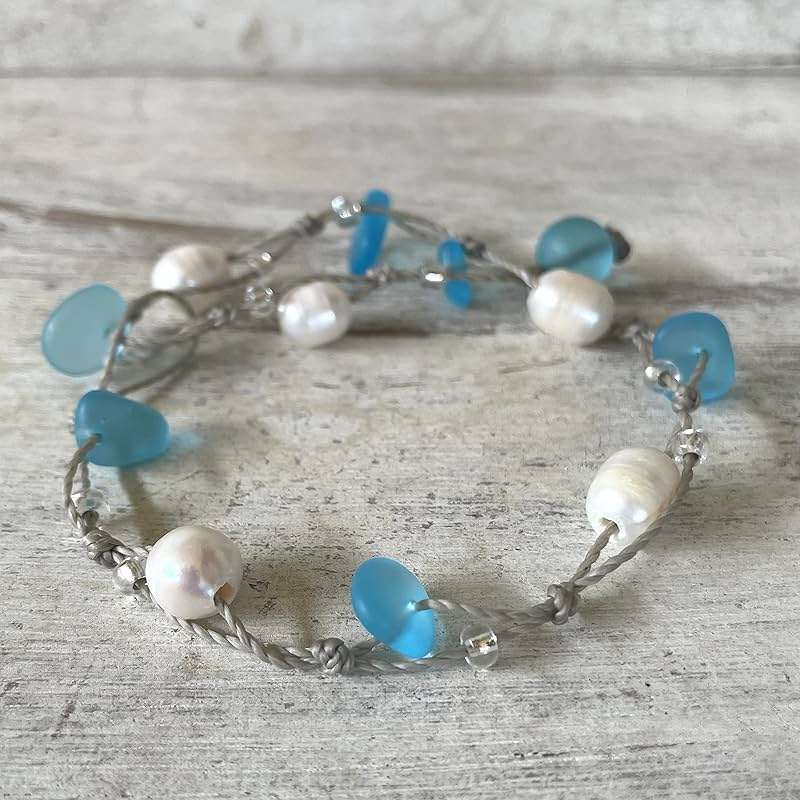 Beach Soul Freshwater Pearl and Turquoise Blue Sea Glass Wrap Bracelet or Anklet, Waterproof and Metal Free, Resort and Island Jewelry, Handmade in the Caribbean - Image 5