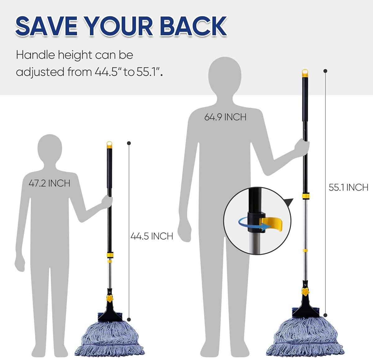 Yocada Looped-End String Wet Mop Heavy Duty Cotton Mop Commercial Industrial Grade Telescopic Iron Pole Jaw Clamp Floor Cleaning 55.1 inch - Image 2