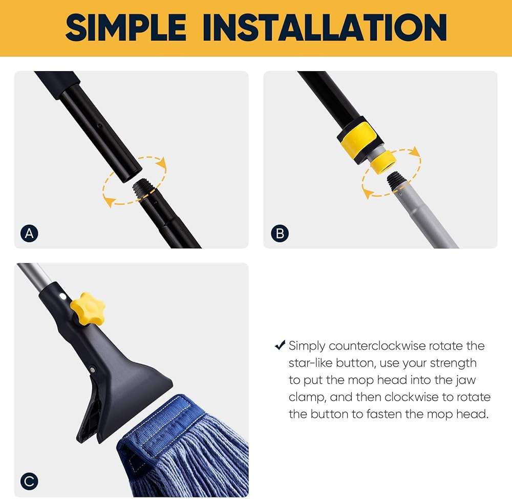 Yocada Looped-End String Wet Mop Heavy Duty Cotton Mop Commercial Industrial Grade Telescopic Iron Pole Jaw Clamp Floor Cleaning 55.1 inch - Image 3