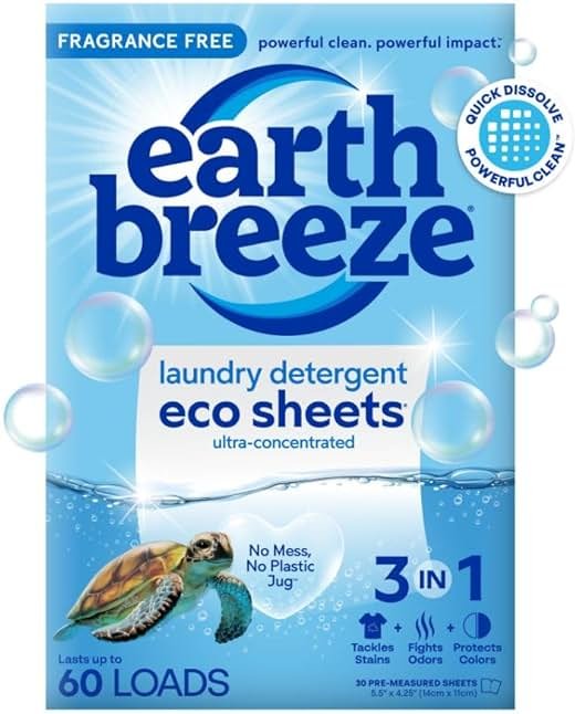 Earth Breeze Laundry Detergent Sheets Fragrance-Free - 60 Loads Eco Liquidless Soap - Travel-Friendly for Hot & Cold Cycles, Tackles Tough Stains & Odors - Gentle on Sensitive Skin, 30 Ct - Product Image