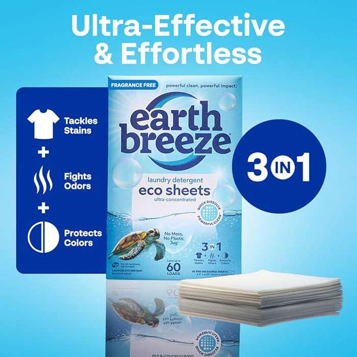 Earth Breeze Laundry Detergent Sheets Fragrance-Free - 60 Loads Eco Liquidless Soap - Travel-Friendly for Hot & Cold Cycles, Tackles Tough Stains & Odors - Gentle on Sensitive Skin, 30 Ct - Image 4