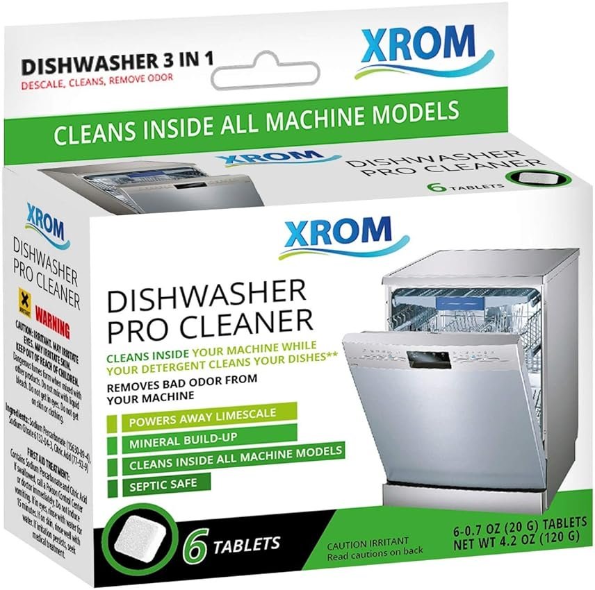 XROM Dishwasher Cleaner Tablets, Plant Based, Deep Clean and Descaler, Removes Odors & Hard Water Stains, 6 Treatments. - Product Image