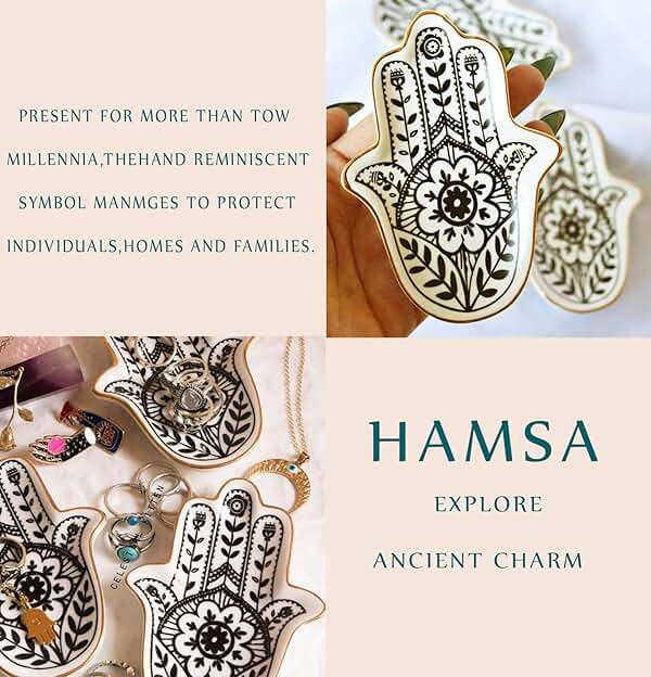 MADE BY LUCKY Jewelry Trinket Ring Dish Ceramic Hamsa Evil Eye Hand of Fatima Holder Key Ashtary Trinket Plate Bowl Small Boho Home Decorative Cute Decor Jewelry Tray Dish Gift Mom Brithday - Image 8