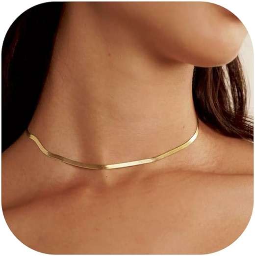 FOCALOOK 14K Gold Plated Necklaces for Women, Fashion Herringbone Choker Necklace Stainless Steel Flat Snake Chain 3/5MM(W) 12.5"/15"/18"+3.5"(L) - Image 1