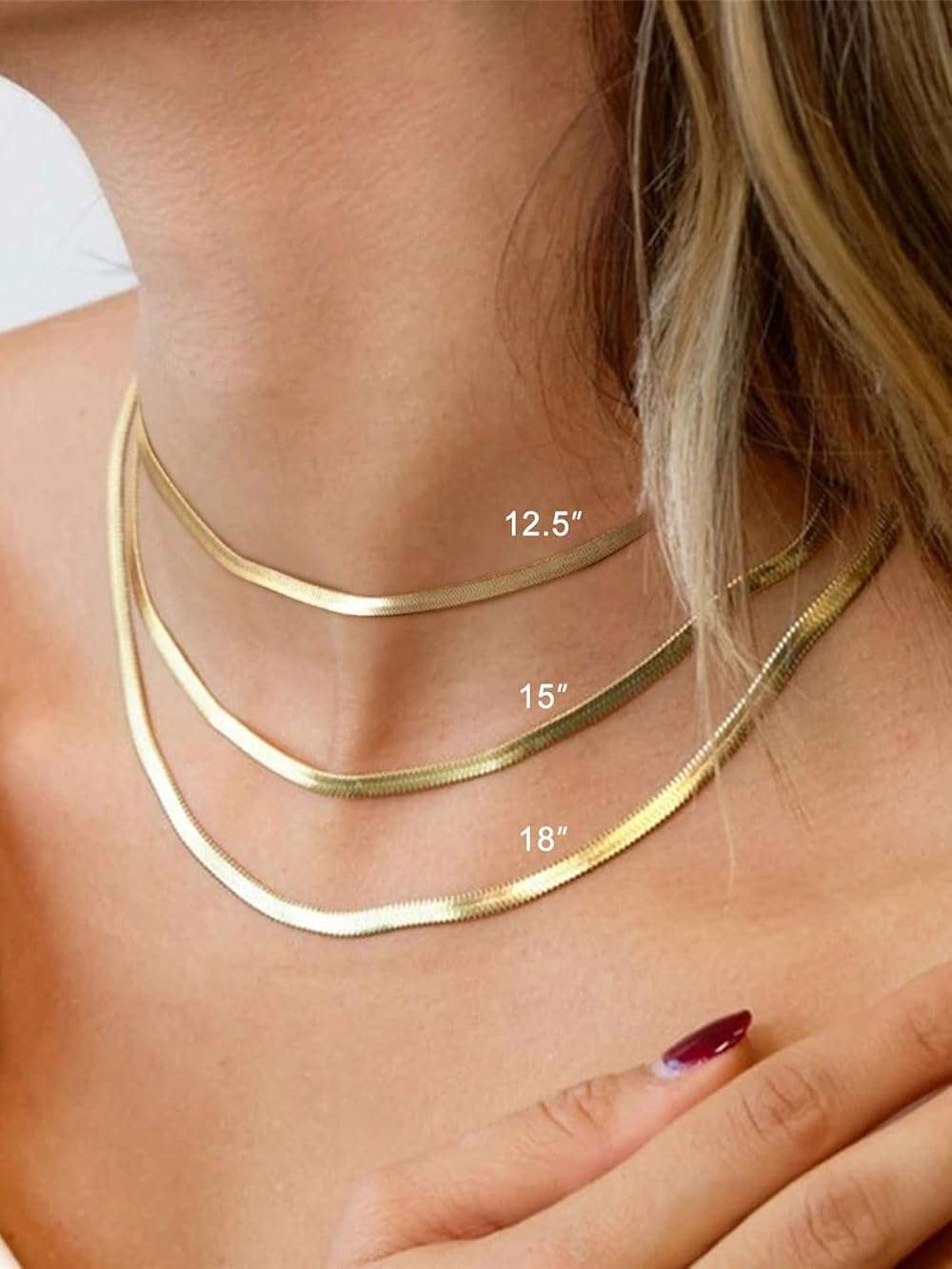 FOCALOOK 14K Gold Plated Necklaces for Women, Fashion Herringbone Choker Necklace Stainless Steel Flat Snake Chain 3/5MM(W) 12.5"/15"/18"+3.5"(L) - Image 2