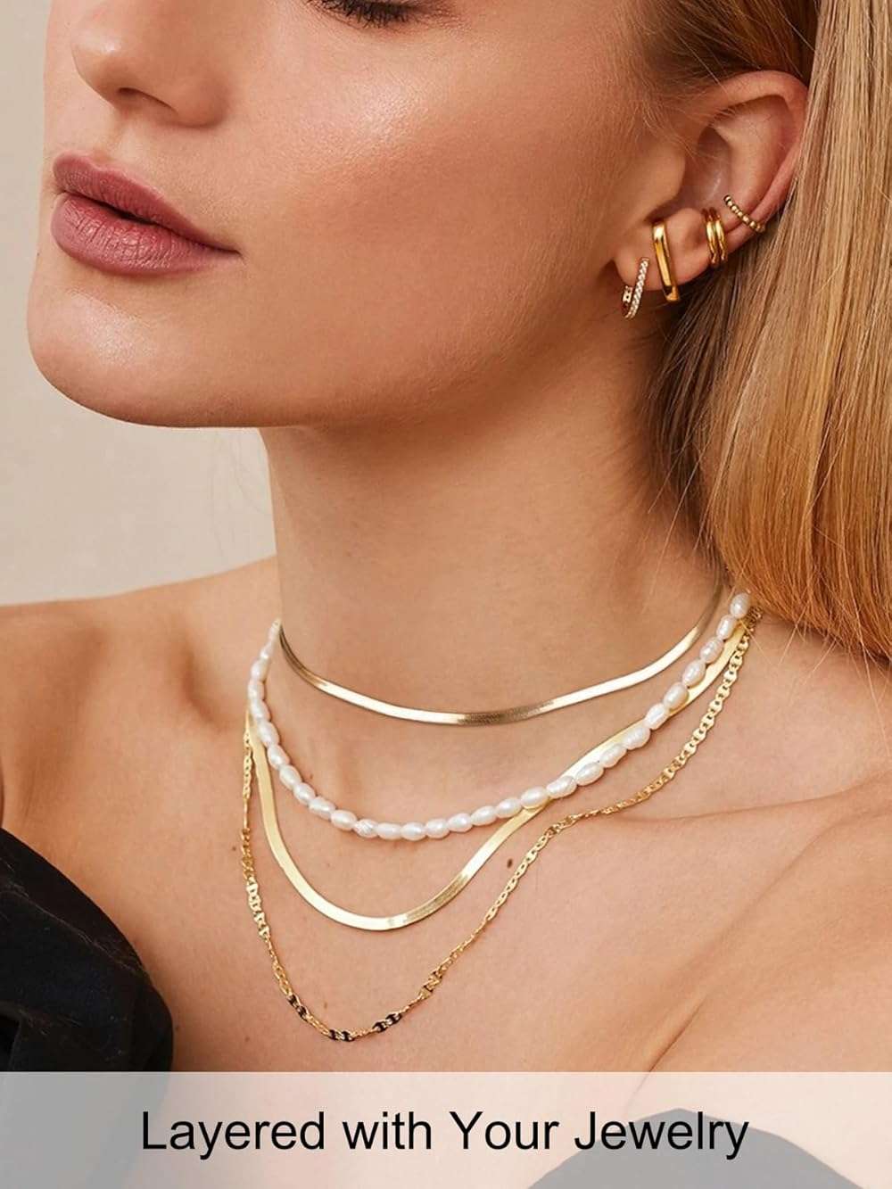 FOCALOOK 14K Gold Plated Necklaces for Women, Fashion Herringbone Choker Necklace Stainless Steel Flat Snake Chain 3/5MM(W) 12.5"/15"/18"+3.5"(L) - Image 4