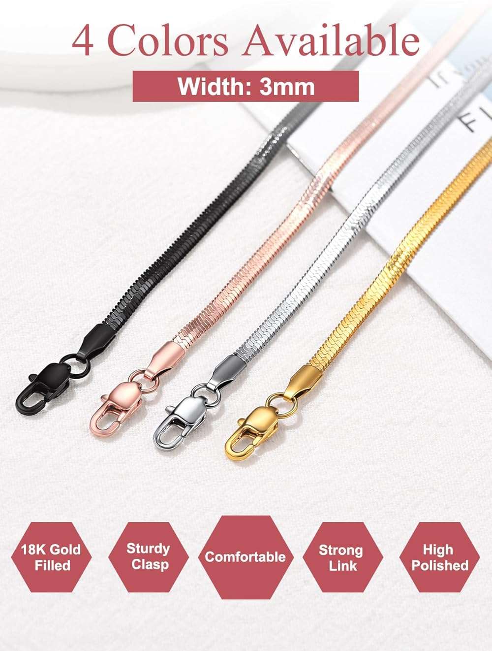 FOCALOOK 14K Gold Plated Necklaces for Women, Fashion Herringbone Choker Necklace Stainless Steel Flat Snake Chain 3/5MM(W) 12.5"/15"/18"+3.5"(L) - Image 5