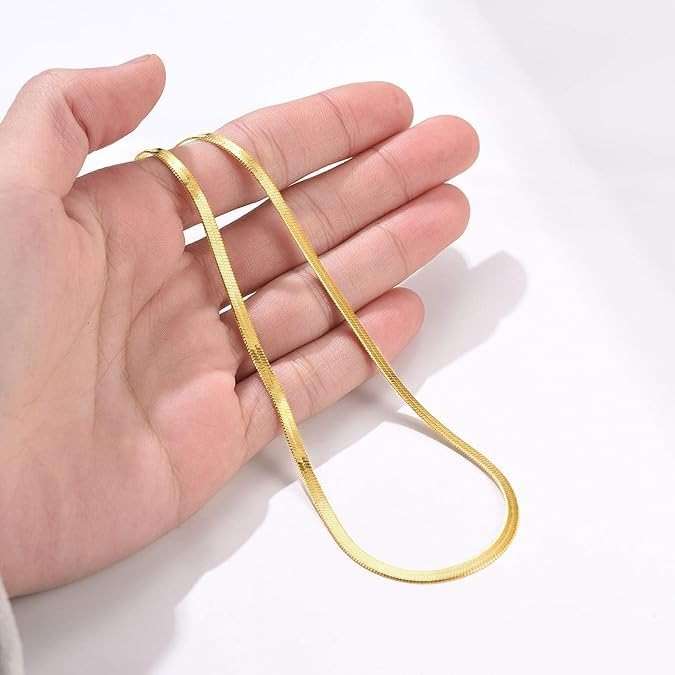 FOCALOOK 14K Gold Plated Necklaces for Women, Fashion Herringbone Choker Necklace Stainless Steel Flat Snake Chain 3/5MM(W) 12.5"/15"/18"+3.5"(L) - Image 6