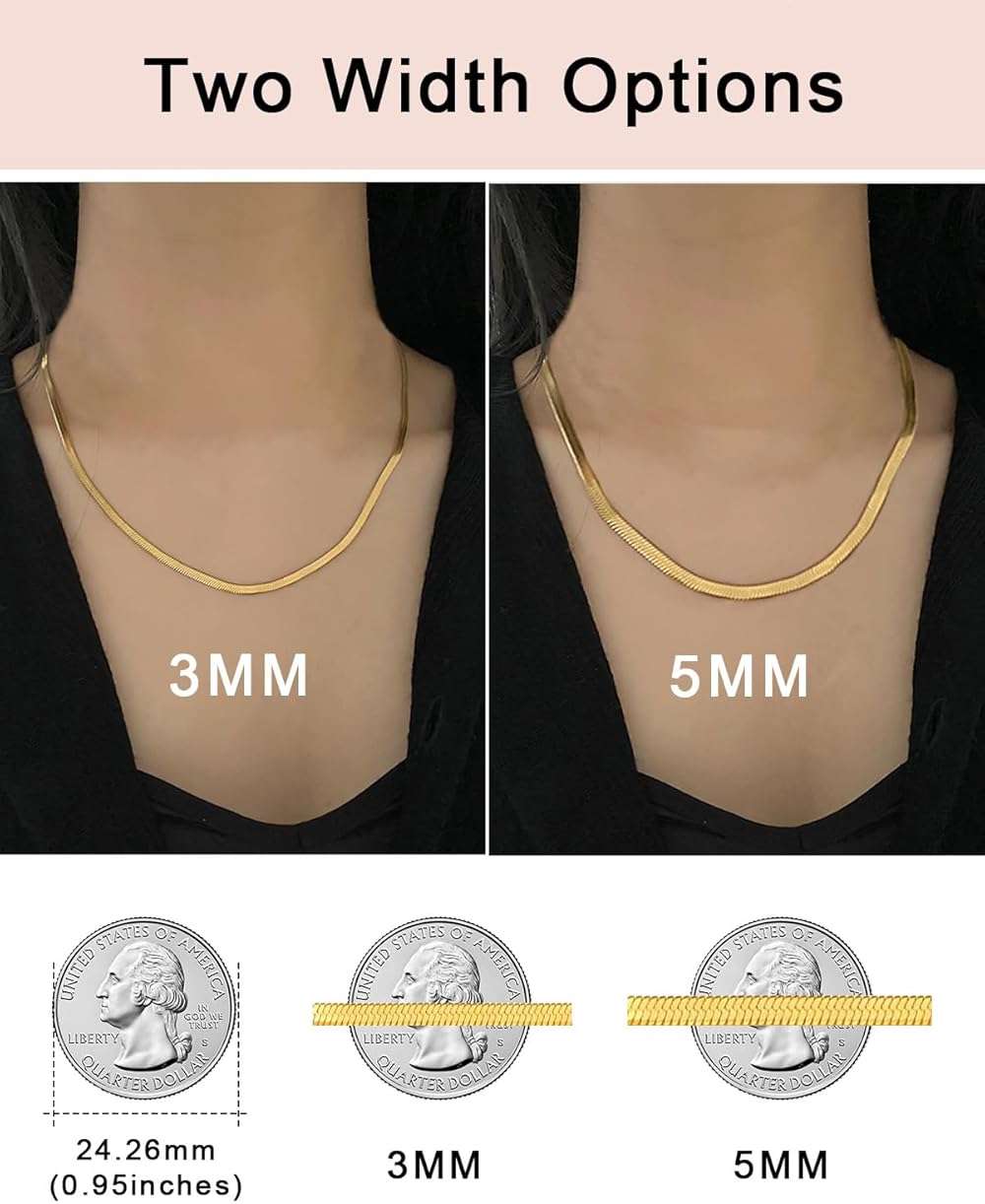 FOCALOOK 14K Gold Plated Necklaces for Women, Fashion Herringbone Choker Necklace Stainless Steel Flat Snake Chain 3/5MM(W) 12.5"/15"/18"+3.5"(L) - Image 7