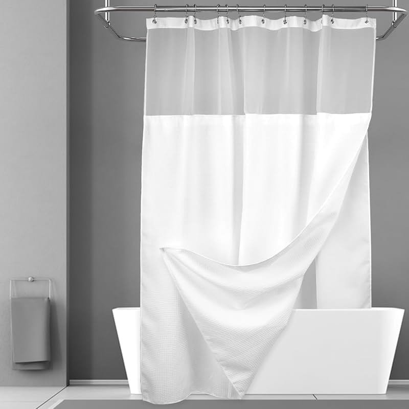 N&Y HOME Waffle Weave Shower Curtain with Snap-in Fabric Liner Set, 12 White Hooks Included - Hotel Style, Waterproof & Washable, Heavyweight Fabric & Mesh Top Window - 71x72, White - Product Image