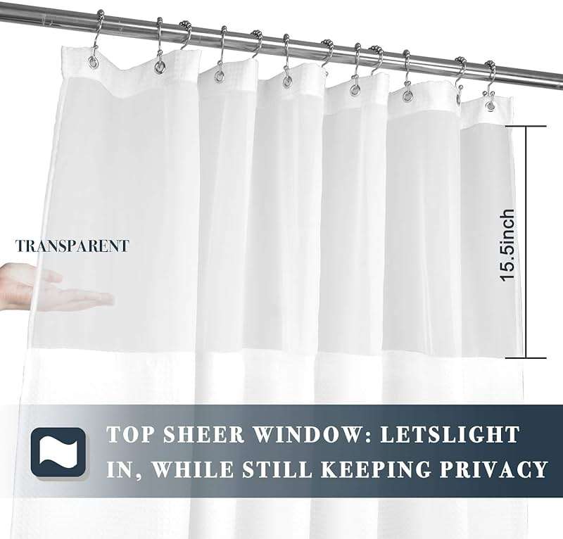 N&Y HOME Waffle Weave Shower Curtain with Snap-in Fabric Liner Set, 12 White Hooks Included - Hotel Style, Waterproof & Washable, Heavyweight Fabric & Mesh Top Window - 71x72, White - Image 2