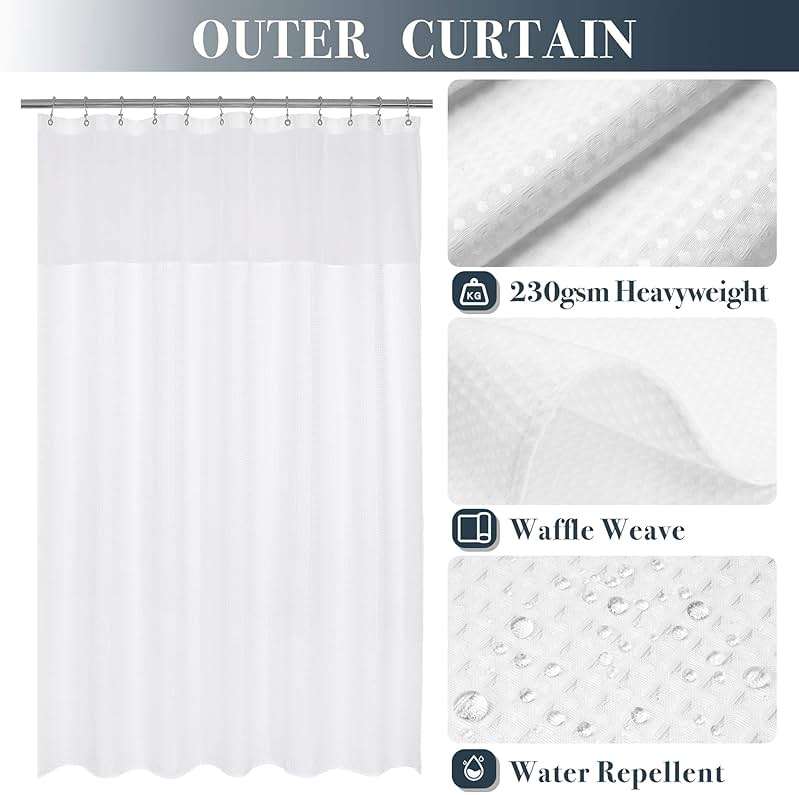 N&Y HOME Waffle Weave Shower Curtain with Snap-in Fabric Liner Set, 12 White Hooks Included - Hotel Style, Waterproof & Washable, Heavyweight Fabric & Mesh Top Window - 71x72, White - Image 3