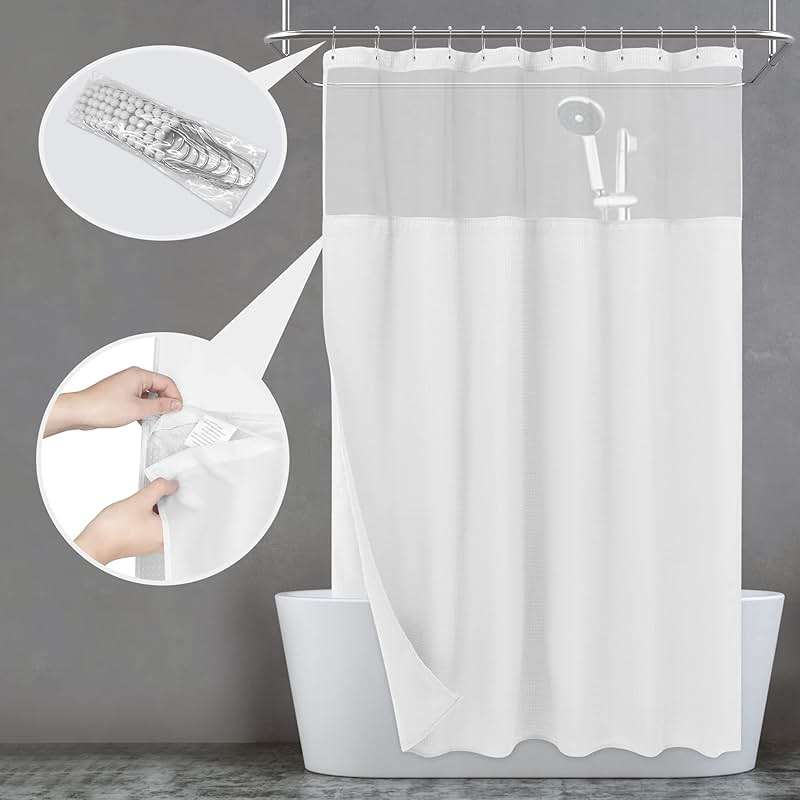 N&Y HOME Waffle Weave Shower Curtain with Snap-in Fabric Liner Set, 12 White Hooks Included - Hotel Style, Waterproof & Washable, Heavyweight Fabric & Mesh Top Window - 71x72, White - Image 5