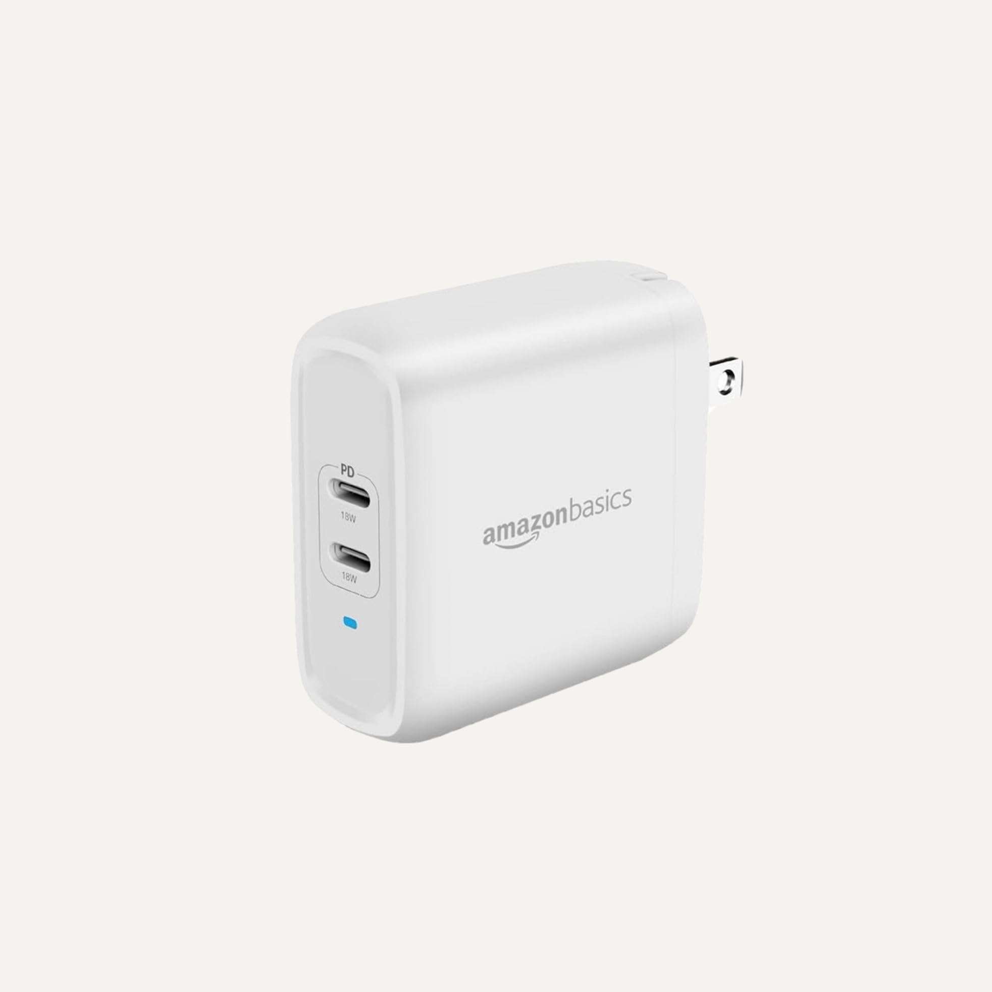 Amazon Basics 36W Dual Port USB-C Wall Charger with Power Delivery, Foldable Plug, for Tablets and Phones, Apple Watch, White, 2.34 x 1.09 x 2.21 in (PD36U-2TNB) - Image 1
