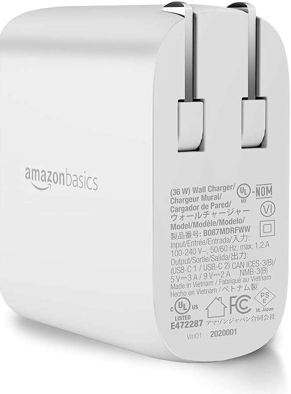 Amazon Basics 36W Dual Port USB-C Wall Charger with Power Delivery, Foldable Plug, for Tablets and Phones, Apple Watch, White, 2.34 x 1.09 x 2.21 in (PD36U-2TNB) - Image 2