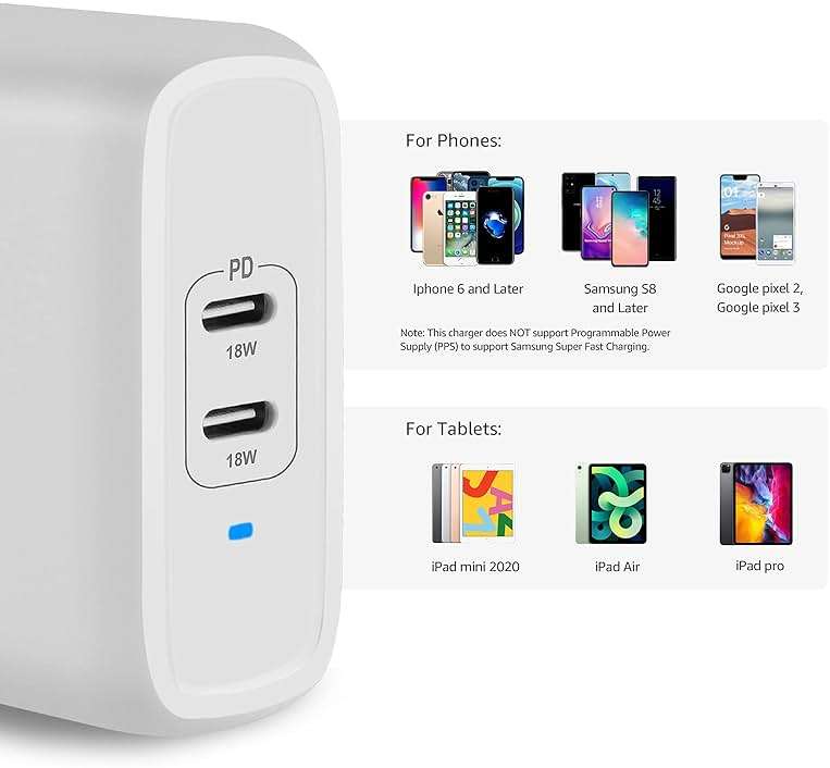Amazon Basics 36W Dual Port USB-C Wall Charger with Power Delivery, Foldable Plug, for Tablets and Phones, Apple Watch, White, 2.34 x 1.09 x 2.21 in (PD36U-2TNB) - Image 4