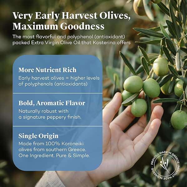 Kosterina Original Extra Virgin Olive Oil | Polyphenol Rich Greek Olive Oil, Cold-Pressed EVOO, Early Harvest Koroneiki Olives | High Antioxidant Natural Superfood | Harvested in Greece (16.9 oz) - Image 6