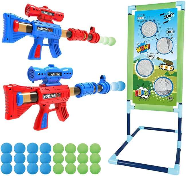 SpringFlower Shooting Game Toy for 6 7 8 9 10+ Years Olds Boys,2pk Foam Ball Popper Air Toy Guns with Standing Shooting Target,24 Foam Balls, for Kids - Image 1