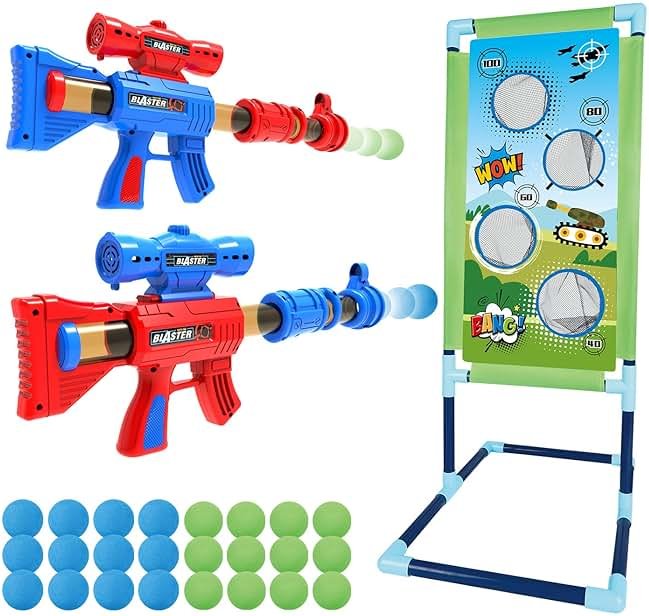 SpringFlower Shooting Game Toy for 6 7 8 9 10+ Years Olds Boys,2pk Foam Ball Popper Air Toy Guns with Standing Shooting Target,24 Foam Balls, for Kids - Product Image