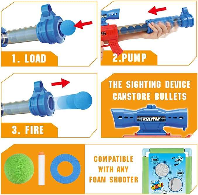 SpringFlower Shooting Game Toy for 6 7 8 9 10+ Years Olds Boys,2pk Foam Ball Popper Air Toy Guns with Standing Shooting Target,24 Foam Balls, for Kids - Image 3