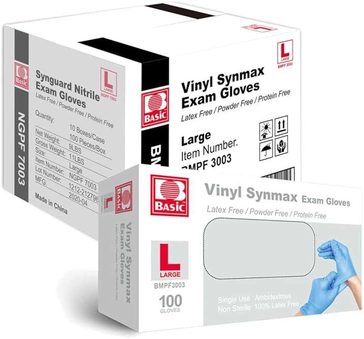 Basic Medical Synmax Vinyl Exam Gloves - Latex-Free & Powder-Free - Large, BMPF-3003(Case of 1,000) Blue - Image 1
