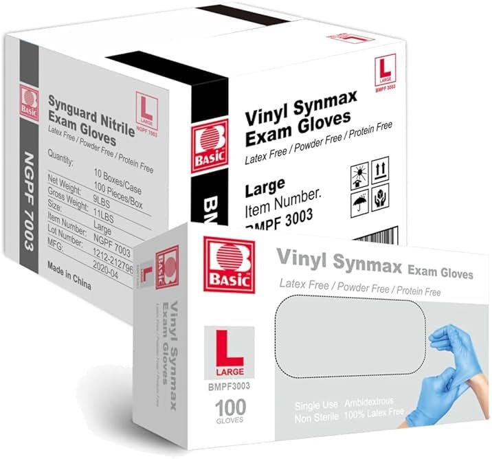 Basic Medical Synmax Vinyl Exam Gloves - Latex-Free & Powder-Free - Large, BMPF-3003(Case of 1,000) Blue - Product Image
