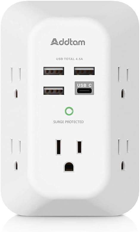 Addtam 5-Outlet Extender Surge Protector, Multi Plug Wall Outlet with 4 USB Wall Charger(1 USB C Ports), Outlet Splitter Power Strip for Home Office Dorm Room Essentials, Plug Extension Outlet 1800J - Image 1