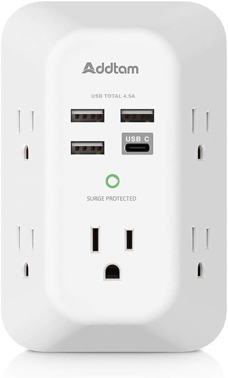 Addtam 5-Outlet Extender Surge Protector, Multi Plug Wall Outlet with 4 USB Wall Charger(1 USB C Ports), Outlet Splitter Power Strip for Home Office Dorm Room Essentials, Plug Extension Outlet 1800J - Product Image