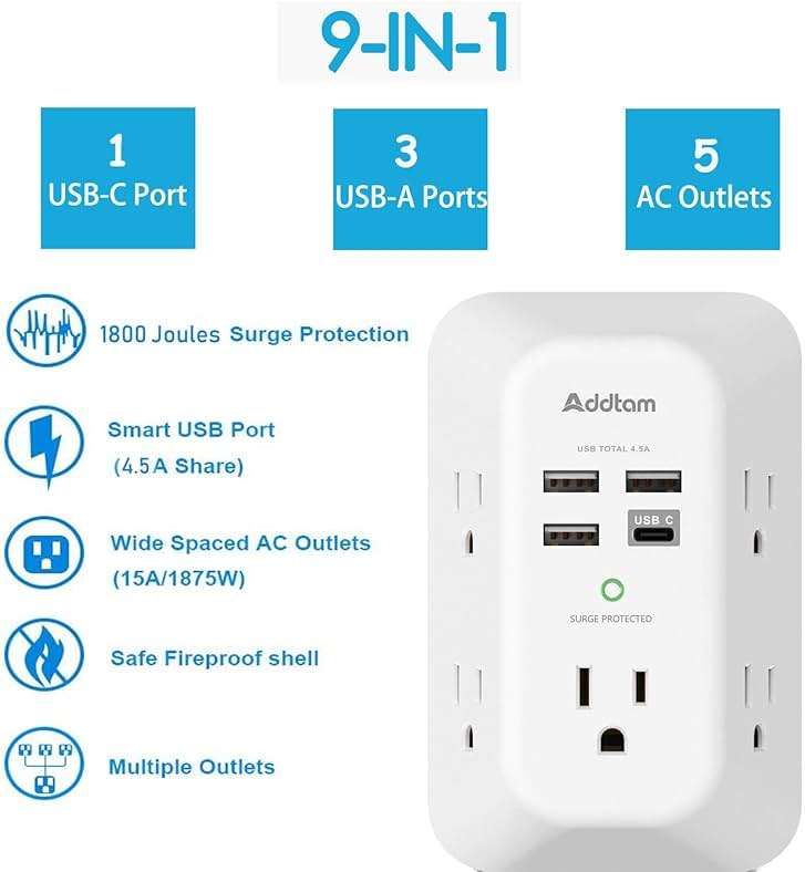 Addtam 5-Outlet Extender Surge Protector, Multi Plug Wall Outlet with 4 USB Wall Charger(1 USB C Ports), Outlet Splitter Power Strip for Home Office Dorm Room Essentials, Plug Extension Outlet 1800J - Image 2