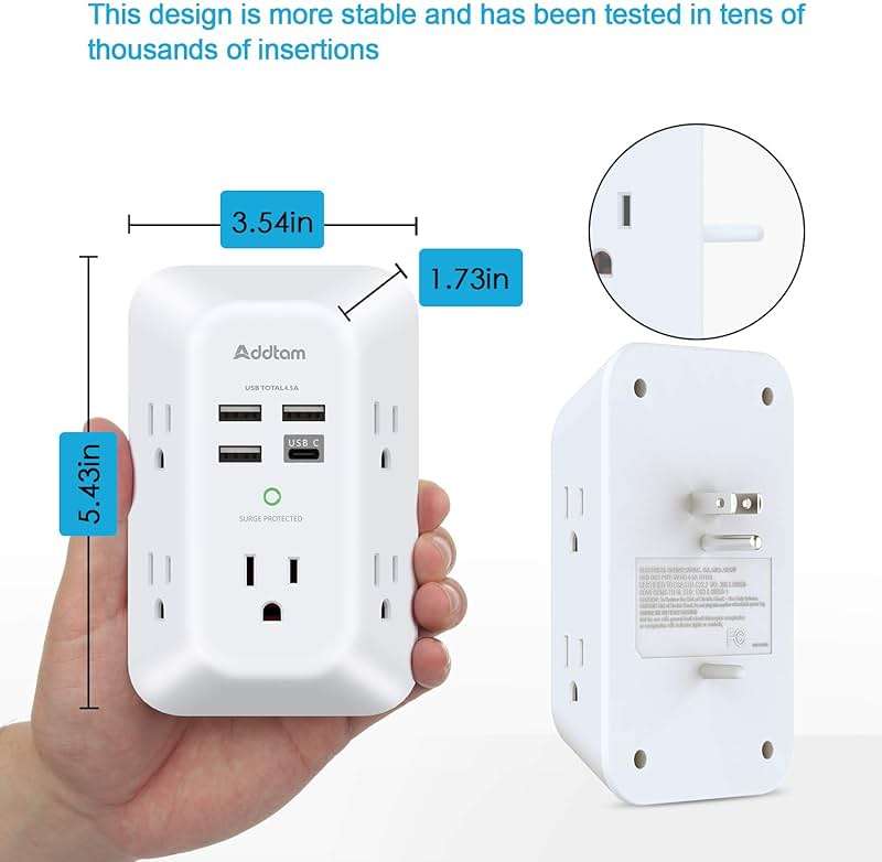 Addtam 5-Outlet Extender Surge Protector, Multi Plug Wall Outlet with 4 USB Wall Charger(1 USB C Ports), Outlet Splitter Power Strip for Home Office Dorm Room Essentials, Plug Extension Outlet 1800J - Image 6