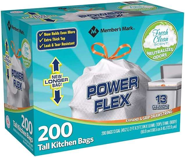 Member's Mark Power Flex Tall Kitchen Drawstring Trash Bags (13 Gallon, 2 Rolls of 100 ct., 200 count total) - Image 2