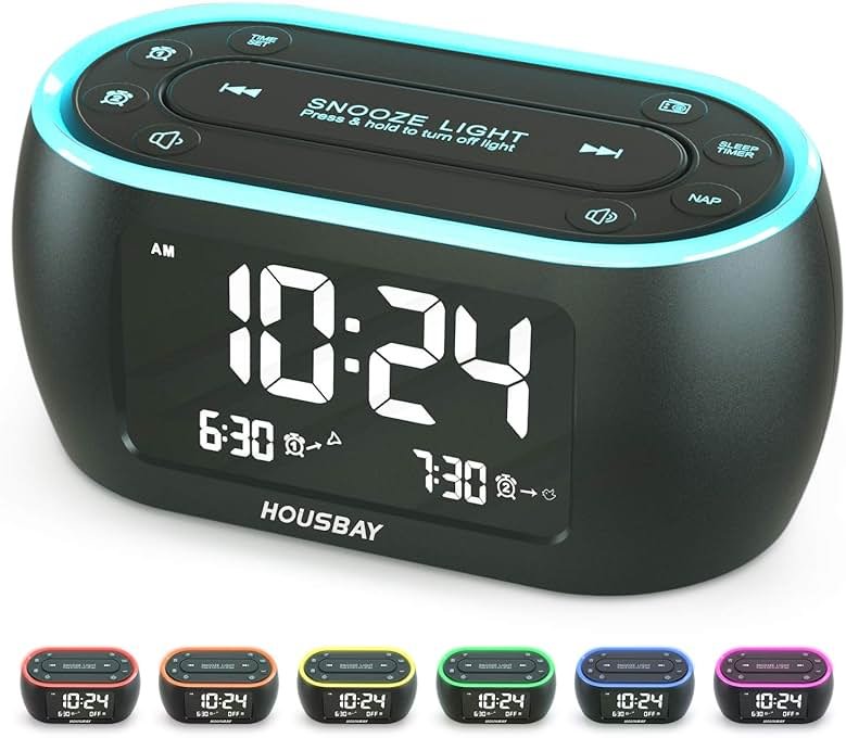 HOUSBAY Digital Alarm Clock Radio for Bedrooms, Phone-Free Wake-up with Dual Alarm, Night Light, Small Radio Clock for Bedside - Product Image