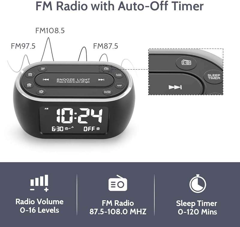HOUSBAY Digital Alarm Clock Radio for Bedrooms, Phone-Free Wake-up with Dual Alarm, Night Light, Small Radio Clock for Bedside - Image 3