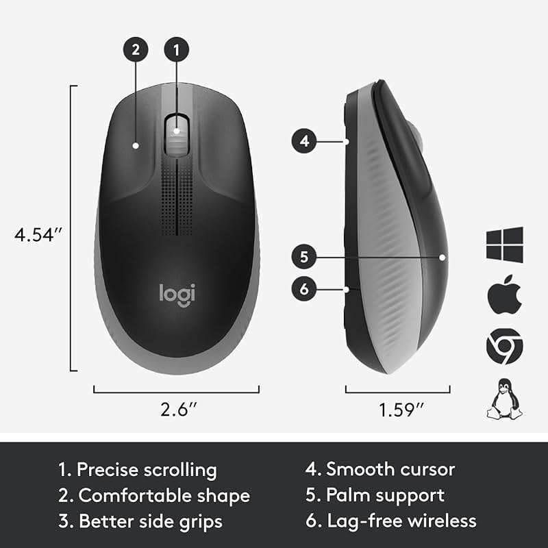 Logitech Wireless Mouse M190 - Full Size Ambidextrous Curve Design, 18-Month Battery with Power Saving Mode, Precise Cursor Control & Scrolling, Wide Scroll Wheel, Thumb Grips - Mid Grey - Image 5