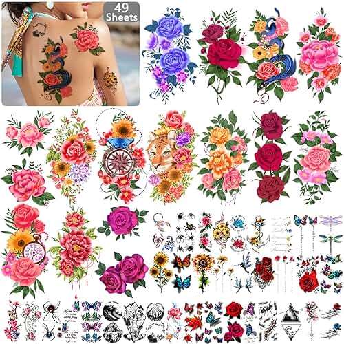 Yazhiji 49 Sheets Temporary Tattoos for Women and Men 3D Extra Large Waterproof Sexy Flowers Fake Tattoo Kits - Image 1