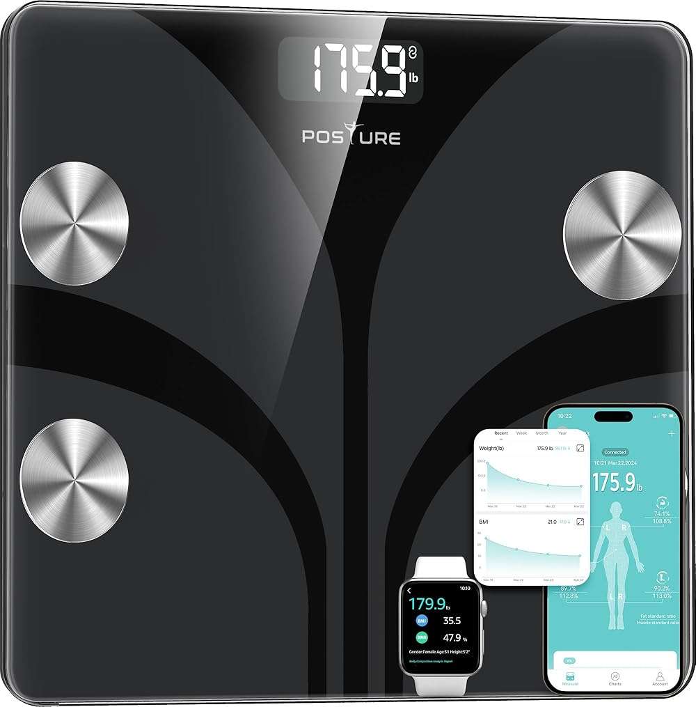 Posture Scale for Body Weight, Digital Bathroom Smart Scale, 13 Body Composition Analyzer Sync Weight Scale BMI Health Monitor Sync Apps 400lbs - Black - Image 1