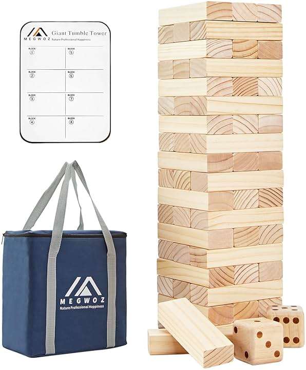 Megwoz Giant Tumble Tower 57 Blocks Stacking Timber Game, Large Wooden Yard Toys for Adults & Kids, Family Outdoor Indoor Party Games with Carry Bag to Over 4.2FT New Zealand Pine - Image 1