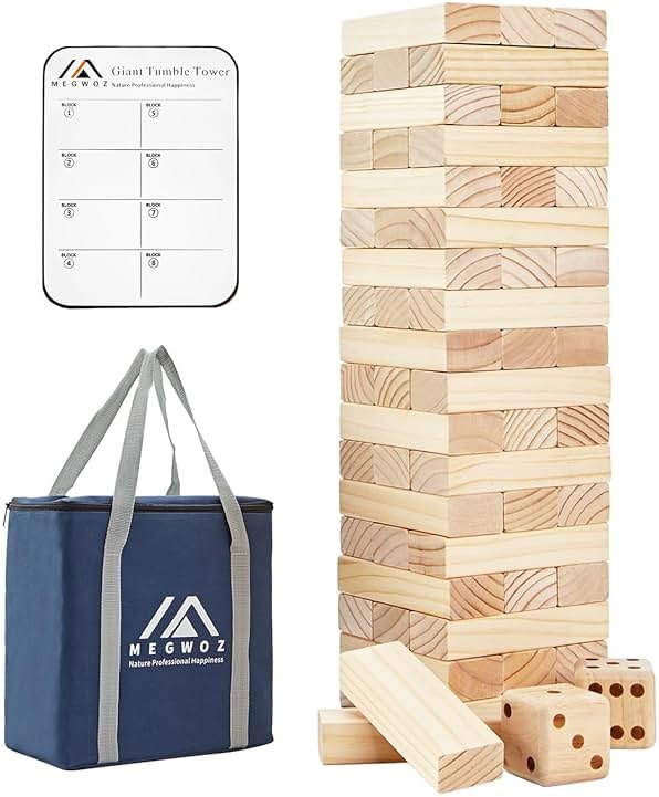 Megwoz Giant Tumble Tower 57 Blocks Stacking Timber Game, Large Wooden Yard Toys for Adults & Kids, Family Outdoor Indoor Party Games with Carry Bag to Over 4.2FT New Zealand Pine - Product Image